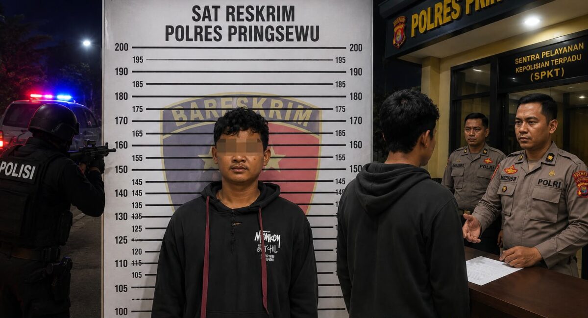 Kolase foto saat tersangka diamankan Polres Pringsewu dan ilustrasi penyerahannya kepada polisi pada Senin 24 Agustus 2026 pukul 03.00 WIB | Dok. Humas Polres Pringsewu.