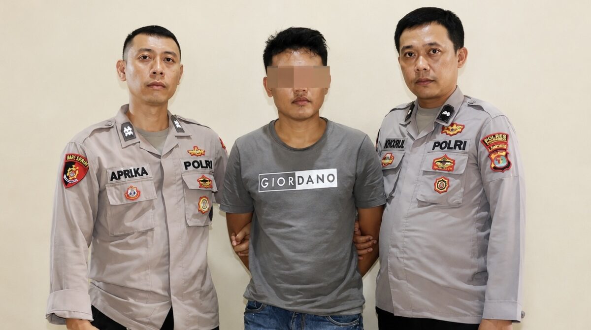 Tersangka RL setelah ditangkap dan diperlihatkan sebelum dijebloskan ke sel tahanan, Minggu 23 Agustus 2026 | Dok. Humas Polres Pringsewu.