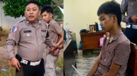 Kolase foto saat tersangka pertama kali diamankan PJR Ditlantas Polda Lampung dan saat diserahkan ke Polres Lampung Tengah, Jumat 31 Juli 2026 | Dok. Ditlantas Polda Lampung.