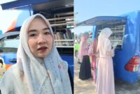 Kolase foto, Novi, staf Dinas Perpustakan dan Kearsipan Daerah Tanggamus saat memberikan keterangan dan saat para pengunjung memilih buku di mobil perpustakaan keliling di RTH Muara Indah, Kota Agung, Minggu 2 Agustus 2026 | Zulkarnain/Media Prioritastv.com.