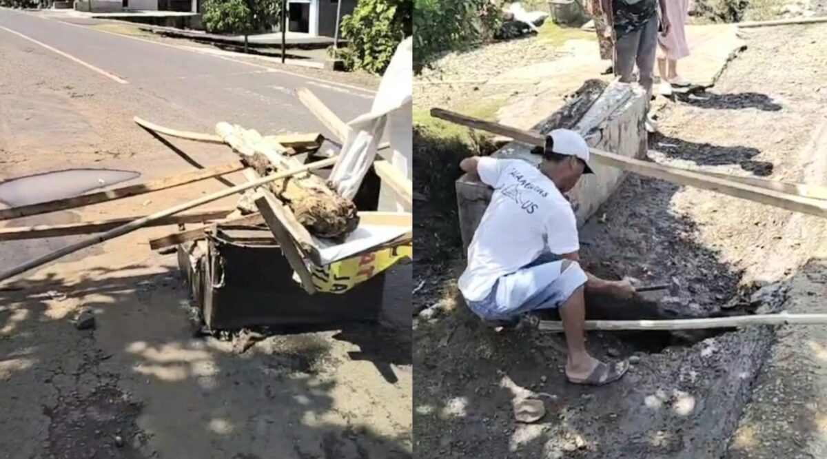 Kolase foto setengah jalan Jalinbar Tanggamus di Pekon Negeri Ngarip, Wonosobo yang tidak berfungsi akibat anjlok dan saat warga berusaha membuang material yang menutup aliran namun tidak berhasil, Minggu 2 Agustus 2026 | ist/Media Prioritastv.com.