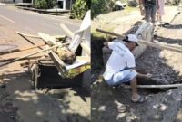 Kolase foto setengah jalan Jalinbar Tanggamus di Pekon Negeri Ngarip, Wonosobo yang tidak berfungsi akibat anjlok dan saat warga berusaha membuang material yang menutup aliran namun tidak berhasil, Minggu 2 Agustus 2026 | ist/Media Prioritastv.com.