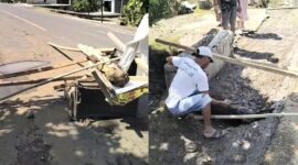 Kolase foto setengah jalan Jalinbar Tanggamus di Pekon Negeri Ngarip, Wonosobo yang tidak berfungsi akibat anjlok dan saat warga berusaha membuang material yang menutup aliran namun tidak berhasil, Minggu 2 Agustus 2026 | ist/Media Prioritastv.com.