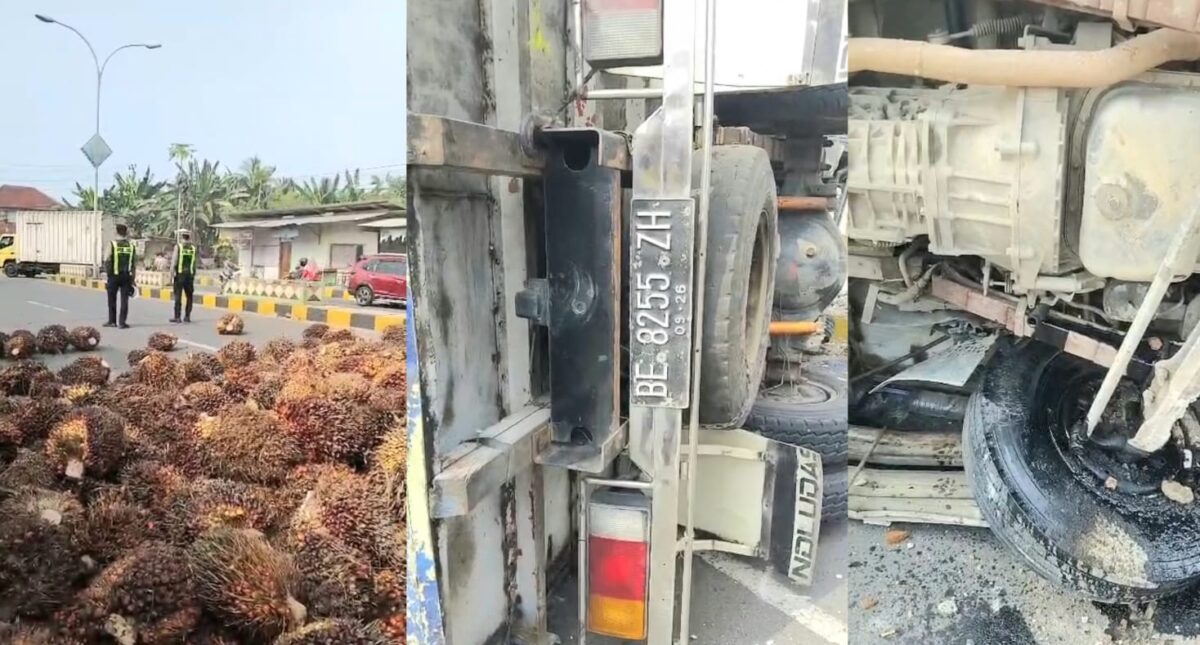 Kolase foto TBS yang tercecer sebelum dievakuasi dan kondisi mobil yang terguling di Jalan Ir. Juanda, Pekon Terbaya, Kota Agung, Tanggamus, Jumat 7 Agustus 2026 | Herdi/Media Prioritastv.com.