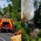 Kolase foto saat petugas Damkar Lampung Barat berusaha memadamkan api dan api yang membakar rumpun bambu di Pekon/Desa Padang Cahya, Balik Bukit, Lampung Barat, Minggu 9 Agustus 2026 | ist/Media Prioritastv.com.