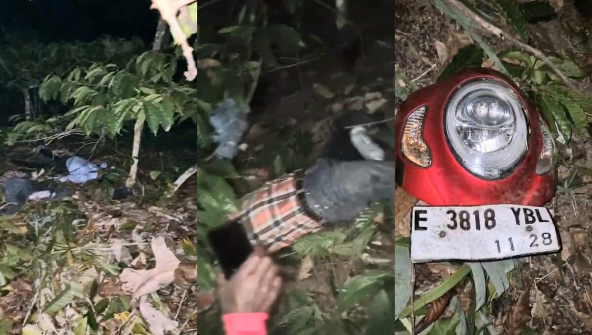 Kolase foto kedua korban tergeletak berdekatan di lokasi kebun kopi dibawah tebing tanjakan cuaca dan sepeda motor yang digunakan keduanya, Senin 10 Agustus 2026 | Dok. Tangkapan Layar Video.
