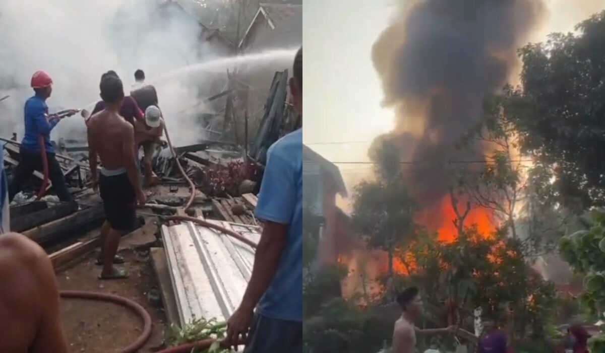 Kolase foto saat petugas Damkarmat Tanggamus melakukan penyemprotan dan saat api membumbung tinggi membakara rumah korban Sayuti di Pekon Kalimiring, Kota Agung Barat, Tanggamus, Senin 10 Agustus 2026 | ist/Media Prioritastv.com.