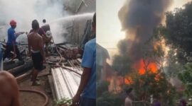 Kolase foto saat petugas Damkarmat Tanggamus melakukan penyemprotan dan saat api membumbung tinggi membakara rumah korban Sayuti di Pekon Kalimiring, Kota Agung Barat, Tanggamus, Senin 10 Agustus 2026 | ist/Media Prioritastv.com.