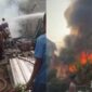 Kolase foto saat petugas Damkarmat Tanggamus melakukan penyemprotan dan saat api membumbung tinggi membakara rumah korban Sayuti di Pekon Kalimiring, Kota Agung Barat, Tanggamus, Senin 10 Agustus 2026 | ist/Media Prioritastv.com.