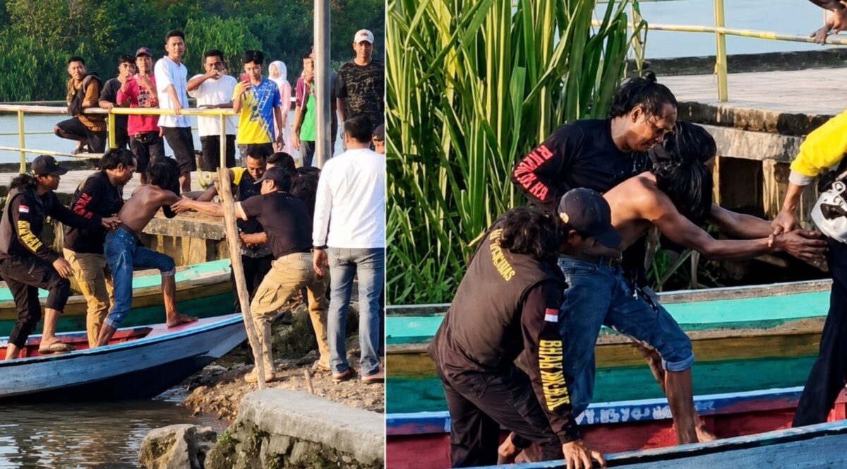 Kolase foto saat Abu Rohman dibawa petugas turun dari perahu di perairan Sungai Ceper, OKI, Sumsel, Selasa 11 Agustus 2026 | ist/Media Prioritastv.com.
