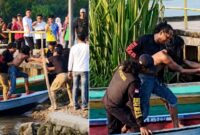 Kolase foto saat Abu Rohman dibawa petugas turun dari perahu di perairan Sungai Ceper, OKI, Sumsel, Selasa 11 Agustus 2026 | ist/Media Prioritastv.com.