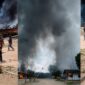 Kolase foto saat sejumlah melakukan aksi anarkis dan pembakaran di mess PT MSA di Anak Tuha, Lampung Tengah, Rabu 12 Agustus 2026 | ist/Media Prioritastv.com.