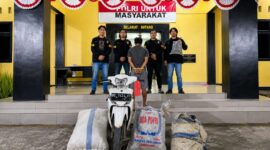 Tersangka SH yang berhasil ditangkap berikut barang bukti sepeda motor dan kopi curian sebelum dijebloskan ke sel tahanan, Jumat 14 Agustus 2026 | Dok. Humas Polres Tanggamus.