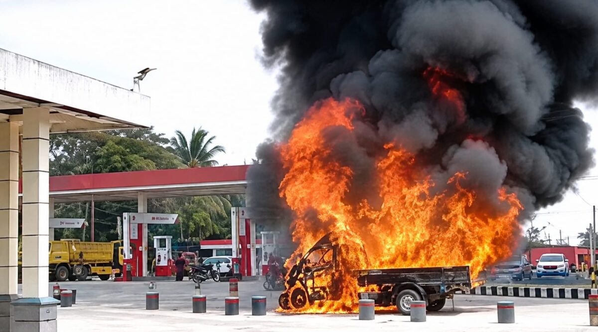 Api yang berkobar membakar mobil pickup Grandmax yang disebut terjadi di SPBU Simpang 4  Blambangan Umpu, Way Kanan, Jumat 14 Agustus 2026 | Dok. Tangkapan Layar Video.