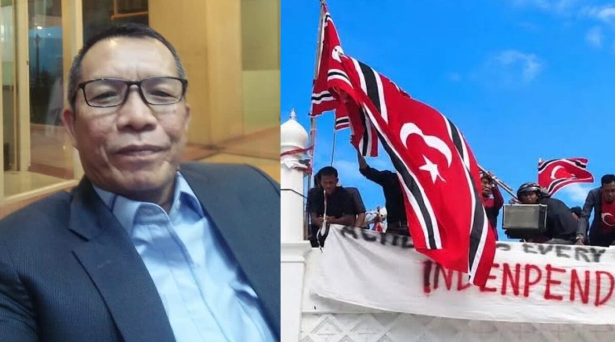 Kolase foto Sekretaris Jenderal Komite Persiapan Pembentukan Provinsi Aceh Leuser Antara (KP3ALA) Burhan Alpin dan saat warga mengibarkan Bendera Bulan Bintang di Gapura Masjid Raya Baiturrahman, Sabtu (15/8/2026) | ist/Media Prioritastv.com.