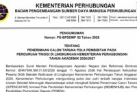 Pengumuman Nomor PG-BPSDMP 02 Tahun 2026 tentang Penerimaan Calon Taruna Pola Pembibitan pada Perguruan Tinggi di Lingkungan Kementerian Perhubungan Tahun Akademik 2026/2027 tanggal 15 Agustus 2026 | Dok. Kemenhub RI.