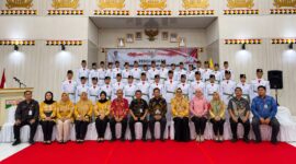 Foto bersama usai pelantikan 33 Paskibraka Tanggamus 2026 di GSG Islamic Center Kota Agung, Sabtu 15 Agustus 2026 | Herdi/Media Prioritastv.com.