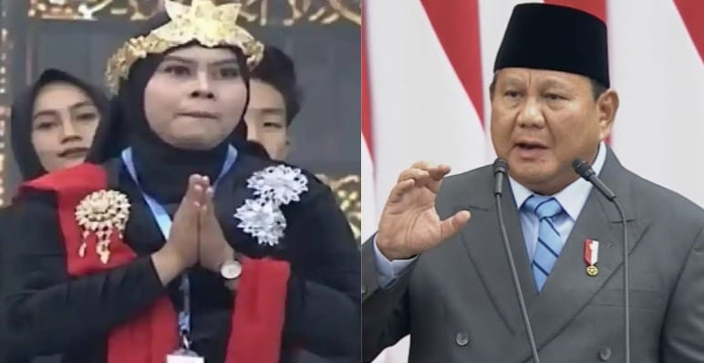 Kolase foto Susannah dan saat Presiden Prabowo menyatakan Susannah sebagai pengupas bawang bergaji Rp700 ribu per kilogram pada saat pidato tahunan kenegaraan Presiden Prabowo Subianto di Gedung MPR RI, Jumat (14/8/2026) | Dok. Tangkapan Layar Video.