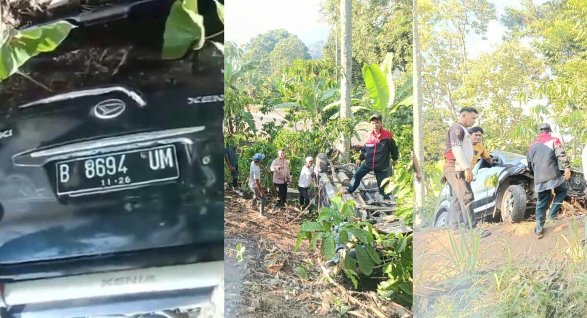Kolase foto saat mobil berada di jurang kebun dan saat proses evakuasi hingga berhasil ditarik ke jalan, Senin 17 Agustus 2026 | ist/Media Prioritastv.com.