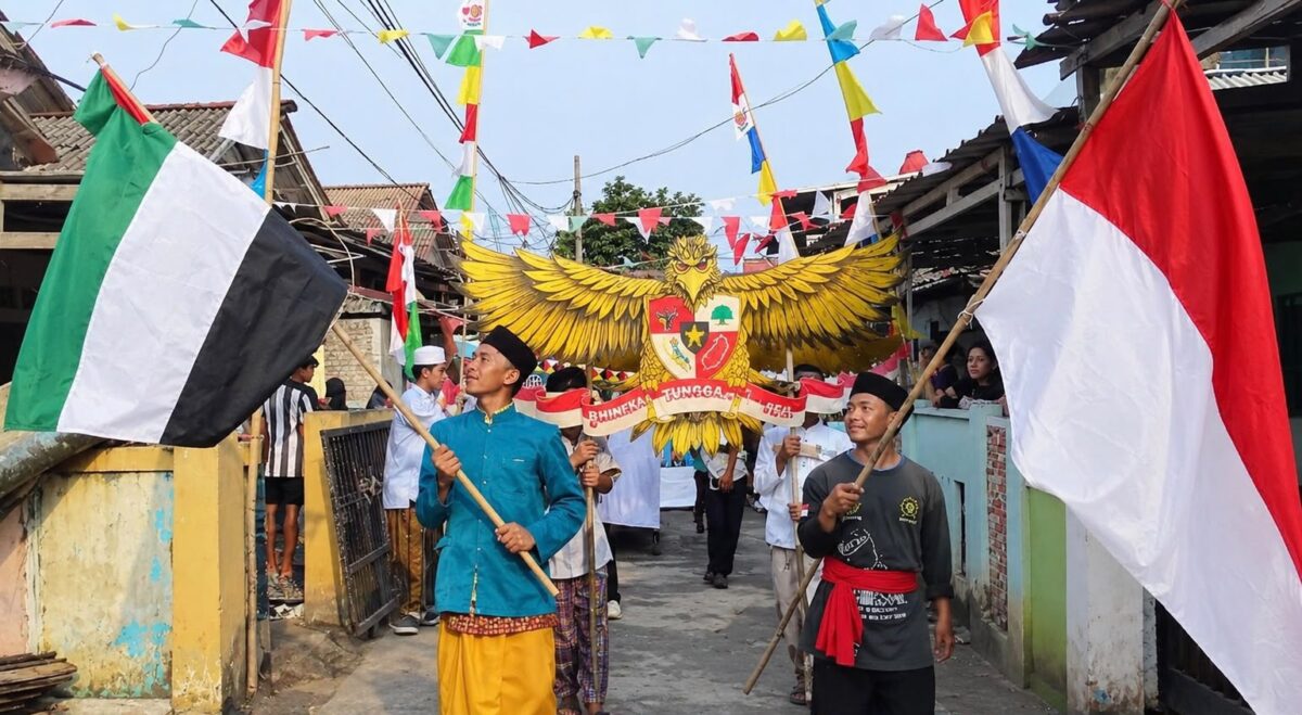 Santriwan dan santriwati saat mengikuti karnaval keliling Kelurahan Pasar Madang, Kecamatan Kota Agung, Tanggamus, Senin (24/8/2026) | Herdi/Media Prioritastv.com.