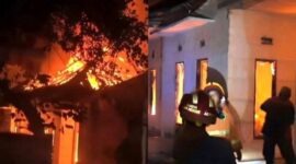 Kolase foto saat kebakaran di Desa Budi Aji, Kecamatan Simpang Pematang, Kabupaten Mesuji, Lampung, Minggu (30/8/2026) dini hari yang terekam kemera dan saat proses pemadaman | ist/Media Prioritastv.com.