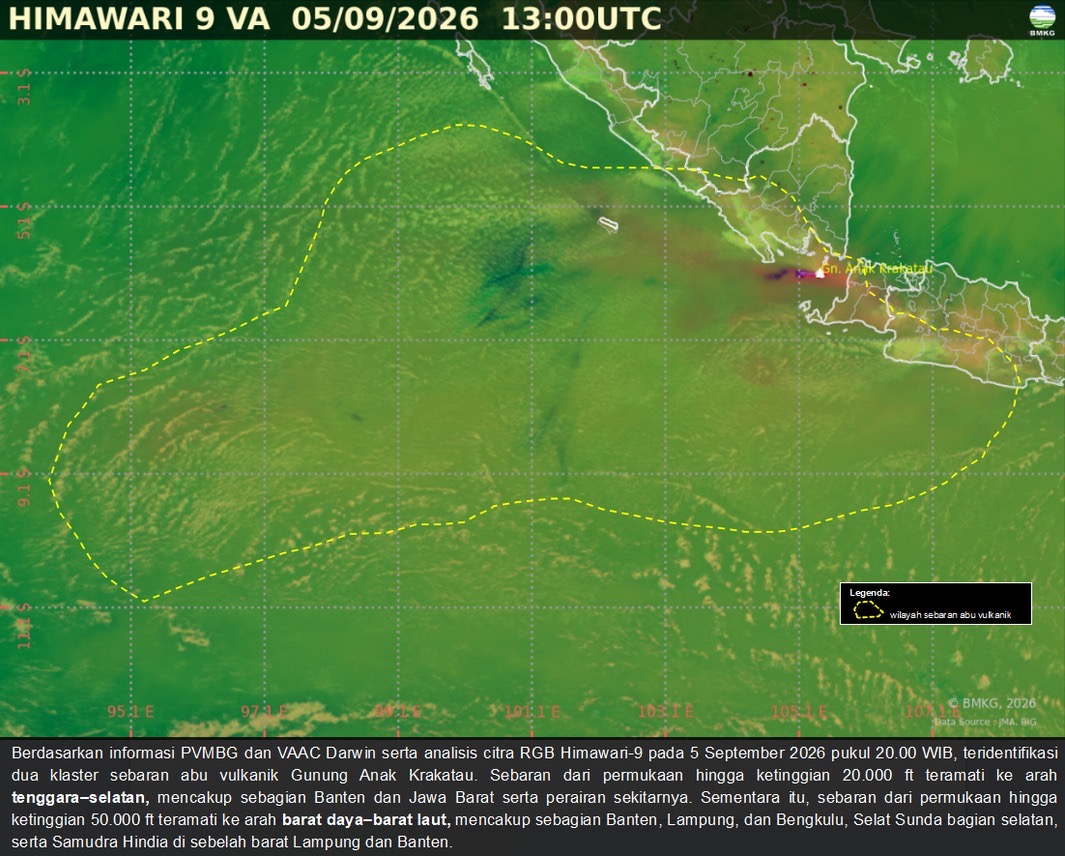Citra satelit Himawari-9 menunjukkan sebaran abu vulkanik Gunung Anak Krakatau pada Sabtu (5/9/2026) pukul 20.00 WIB. Sebaran abu terpantau meluas ke sejumlah wilayah, termasuk Lampung dan seluruh wilayah Kabupaten Tanggamus, Sabtu 5 September 2026, malam.
