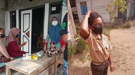Kolase foto warga Karang Brak, Pematang Sawa, Tanggamus yang beraktifitas mengenakan masker termasuk para pelajar yang berangkat sekolah, Sabtu 5 September 2026 | Sungatno/Media Prioritastv.com.