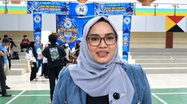 Ketua Yayasan Nusantara Alam Abadi, Firlinda saat memberikan keterangan pers usai berakhirnya NADI Lampung Cup 2026 di GOR Kota Agung, Tanggamus, Selasa 22 September 2026 | Herdi/Media Prioritastv.com.