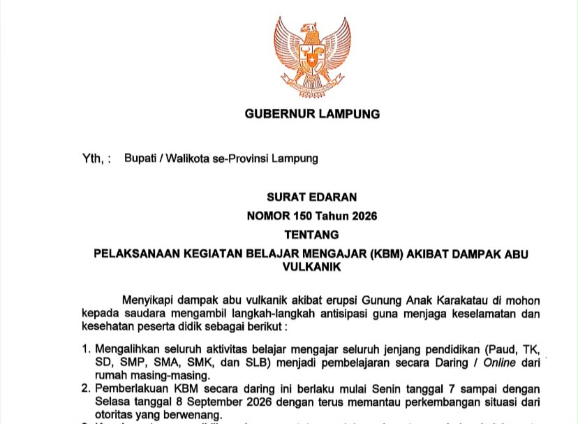 Edaran resmi Gubernur Lampung terkait sekolah daring tingkat PAUD hingga SMA pasca dampak abu vulkanik Gunung Anak Krakatau, Minggu 6 September 2026 | ist/Media Prioritastv.com.
