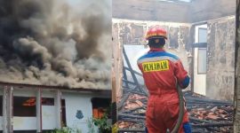 Kolase foto saat gedung terbakar dan saat petugas Damkarmat Bandar Lampung melakukan pemadaman, Selasa, 13 Oktober 2026 | ist/Media Prioritastv.com.