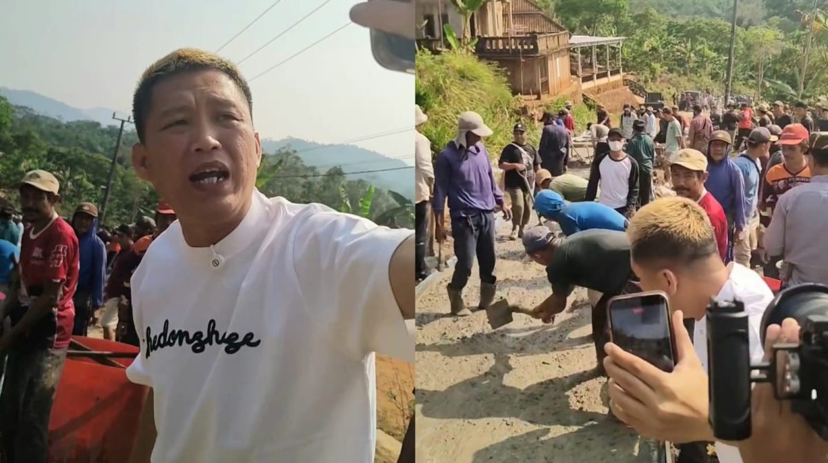 Kolase foto saat konten kreator bang Taun saat menyoroti pembangunan jalan di Sinar Jawa dan Datar Lebuay, Air Naningan, Tanggamus, Minggu 18 Oktober 2026.