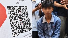 Kolase foto ilustrasi barcode pembayaran QRIS dan pelaku yang melakukan pergantian QRIS di Angkringan Soka Maliosewu, Pringsewu | ist/Media Prioritastv.com.